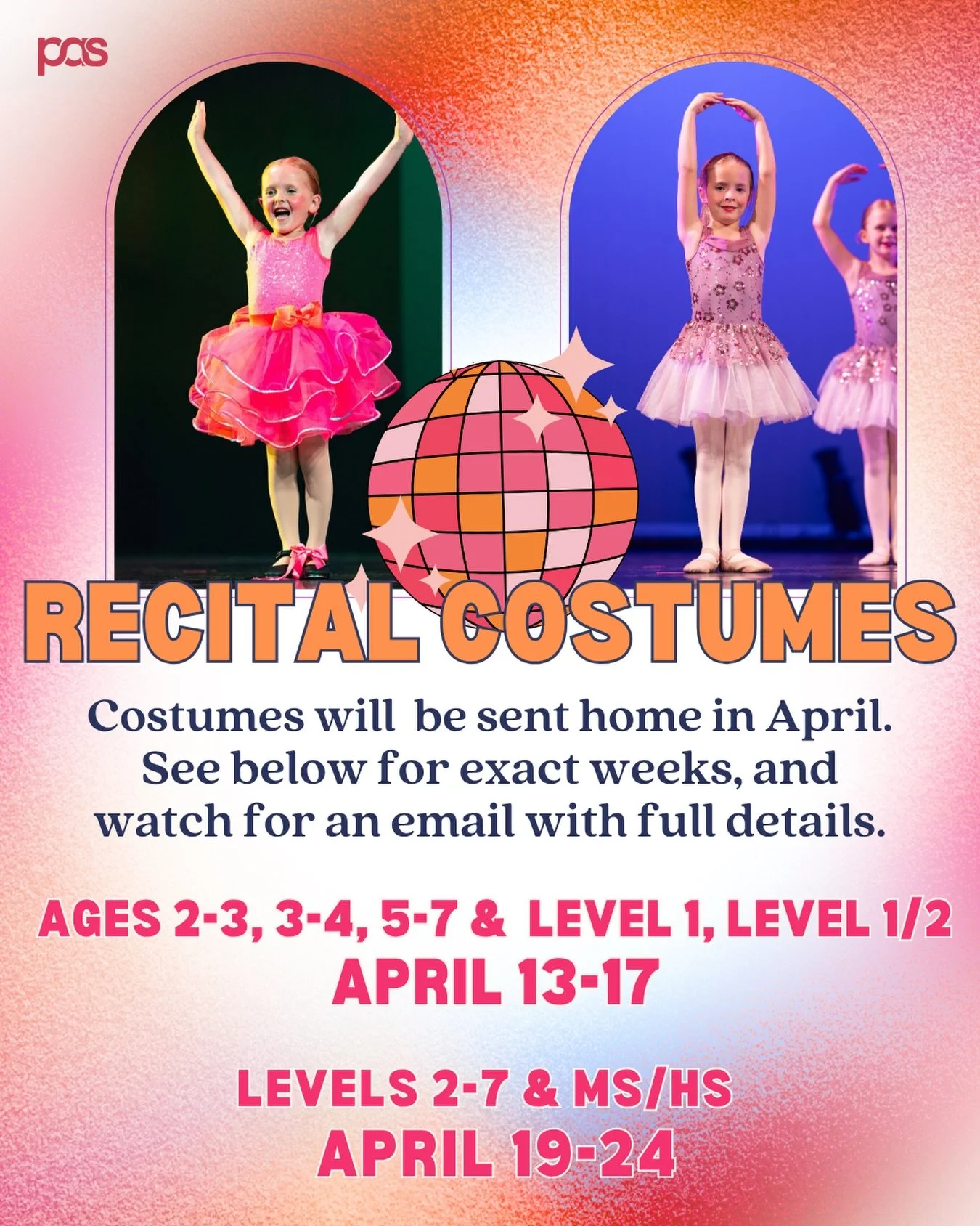 Next week costume checkout begins during class. See below for your dancer's designated week. Expect an email with details in your inbox this week.