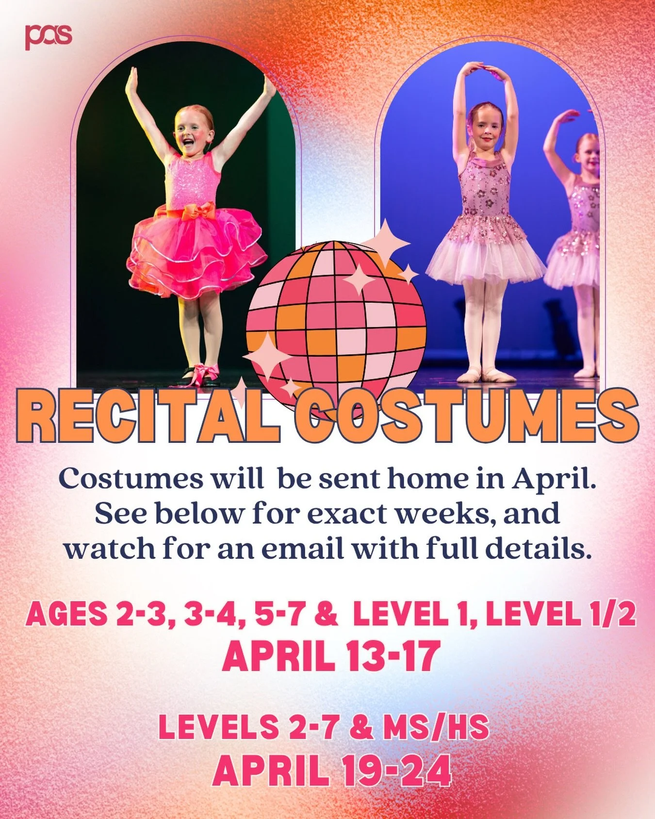 Our next round of costumes goes out starting today! If you weren&rsquo;t in class last week, please visit the front desk to sign out your dancer&rsquo;s costumes. 🪩🔥