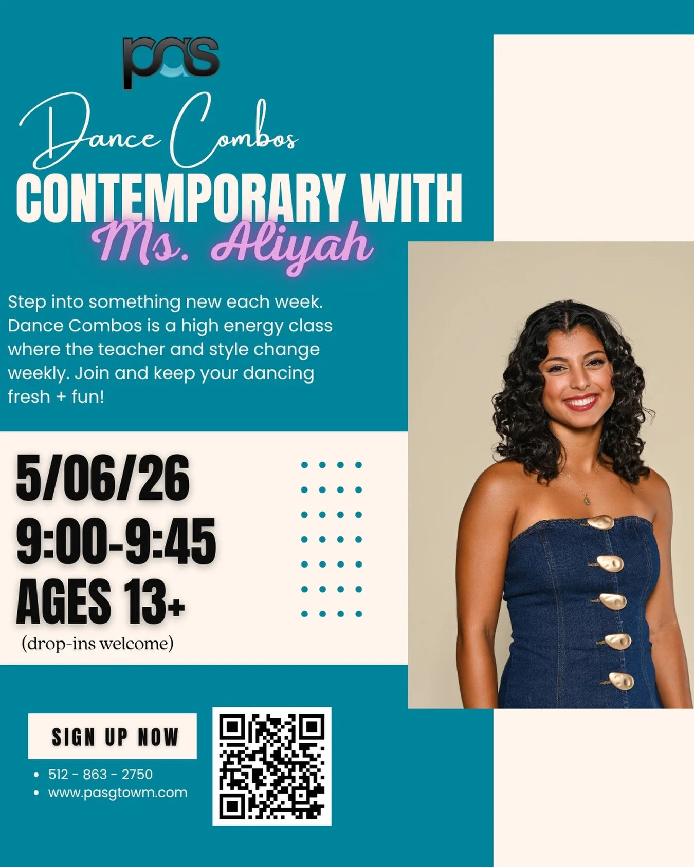 Sadly, Ms Caroline is unavailable tonight. We are excited Ms Aliyah will be teaching Contemporary for Dance Combos tonight! Drop ins welcome!