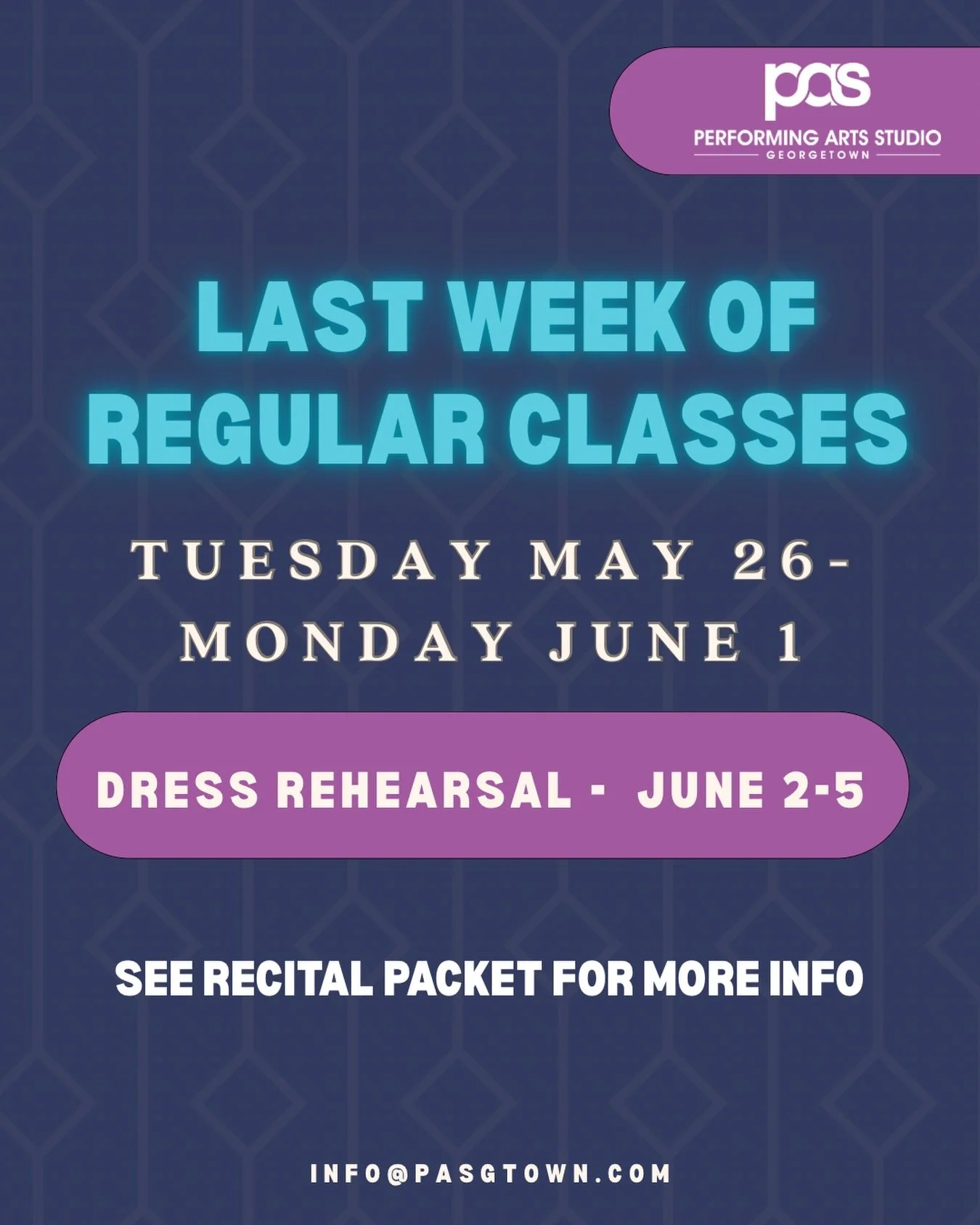 The last week of dance starts NEXT Tuesday! This week leads us into recital rehearsal week and then the BIG weekend. We can&rsquo;t wait to see you there.