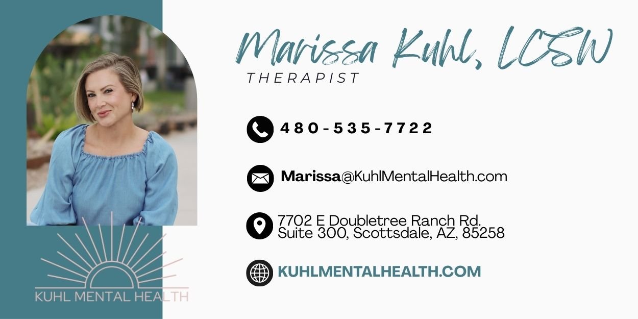 Business card for Marissa Kuhl, a licensed clinical social worker, featuring a professional portrait and contact information including phone number, email, work address, and website.