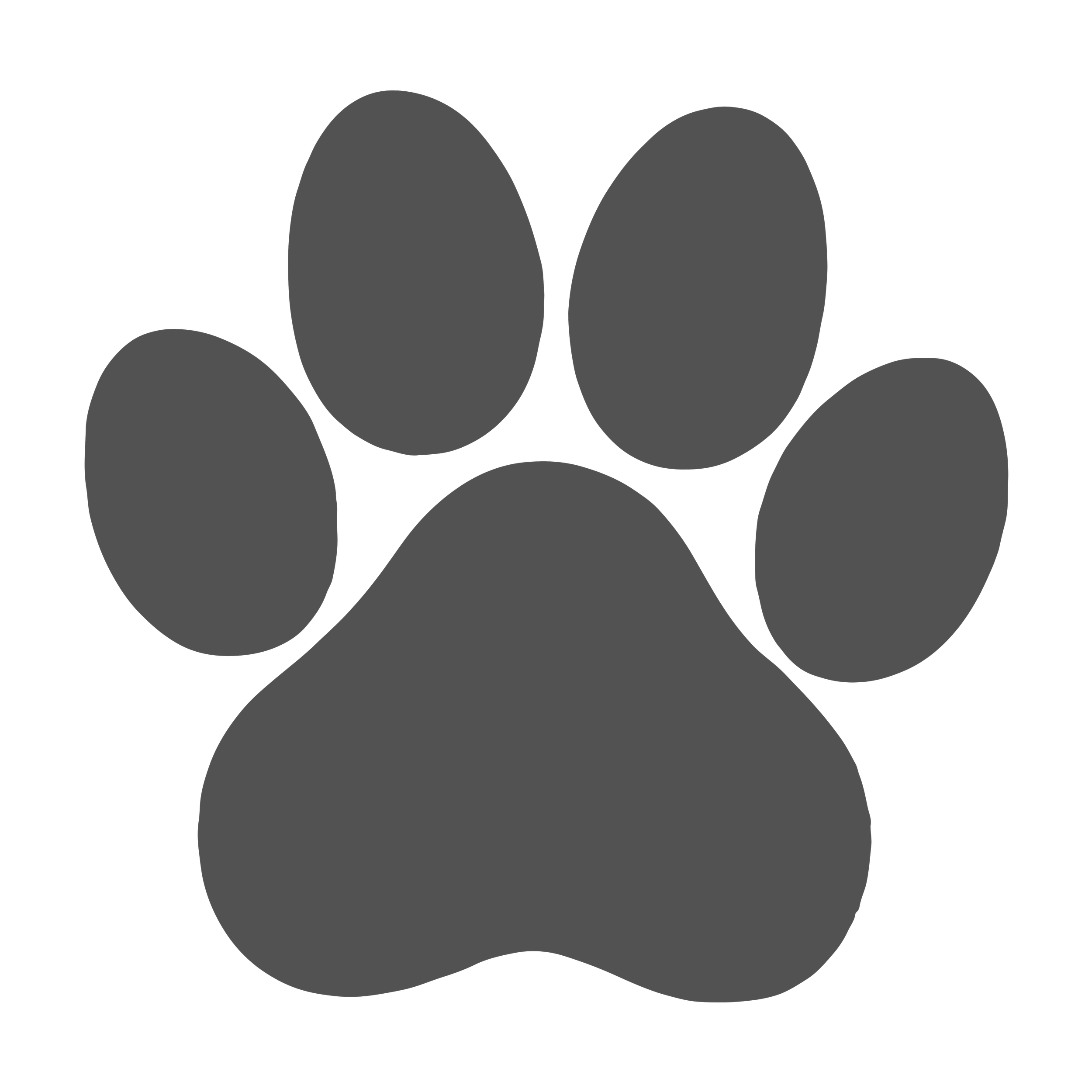 A black and white photograph of a dog paw print with five outlined toe pads and a large central pad.