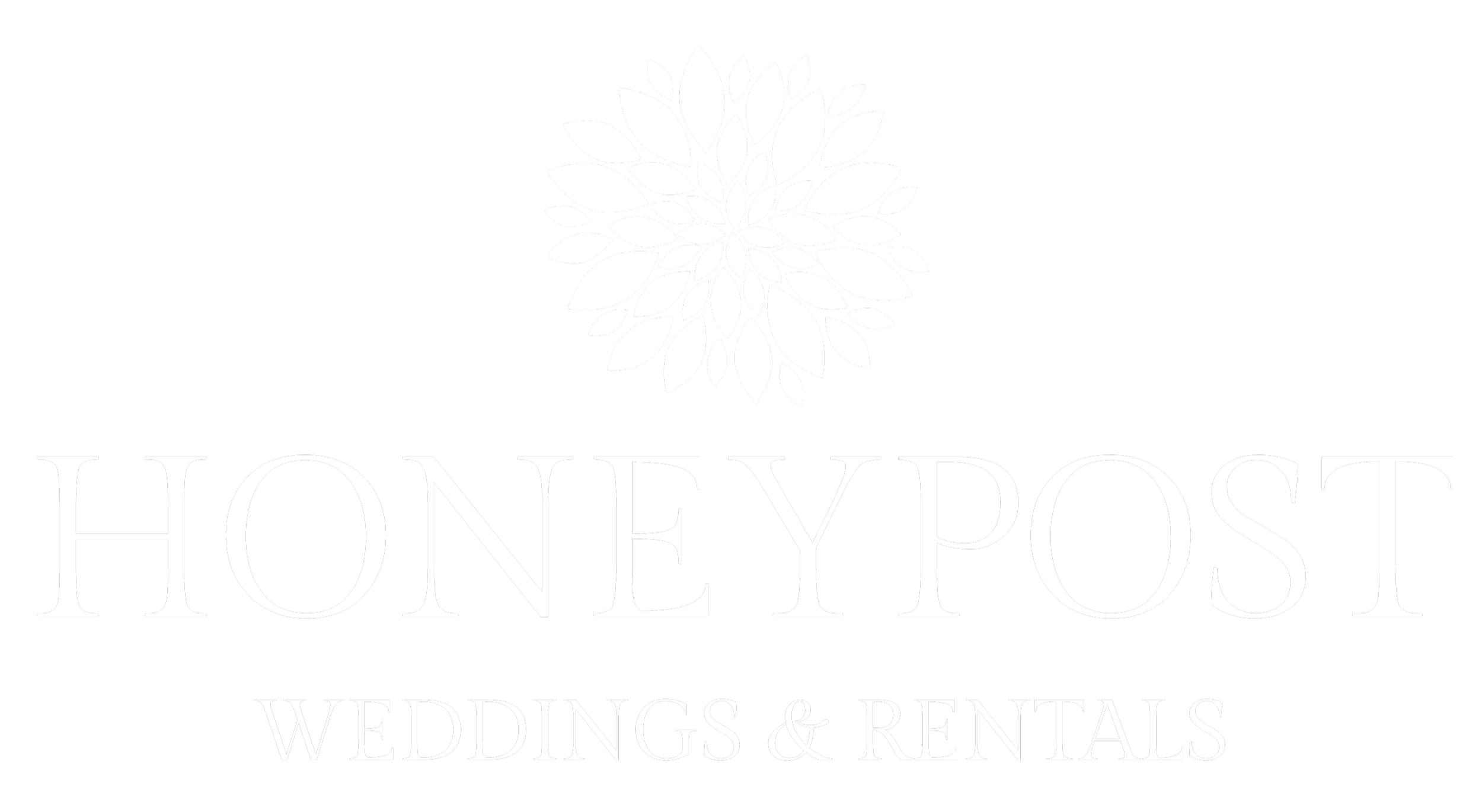 Black and white logo for Honeypost Weddings & Rentals featuring a floral design icon above the company name.