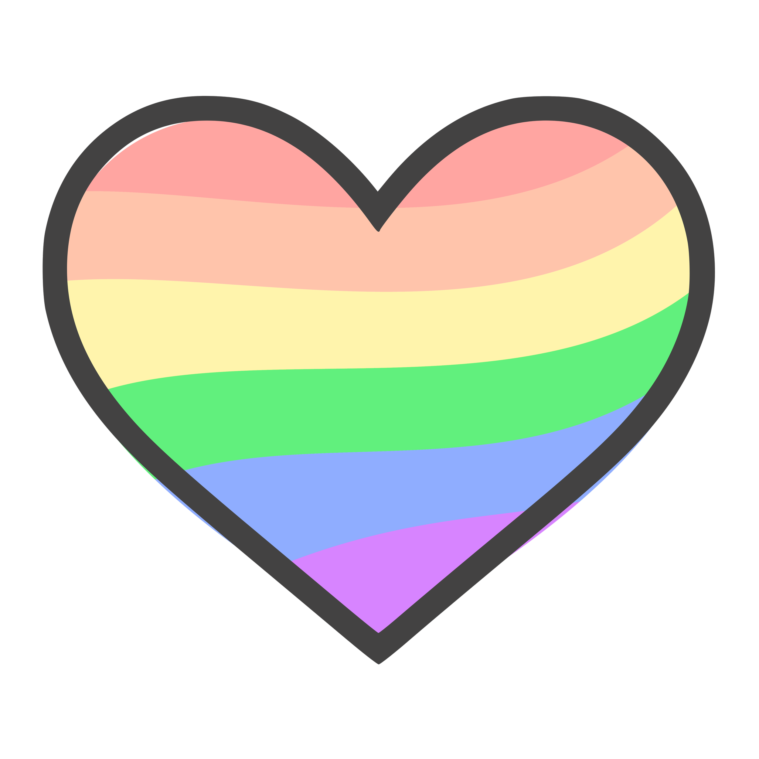 Rainbow-colored heart with rainbow stripes and a dark outline.