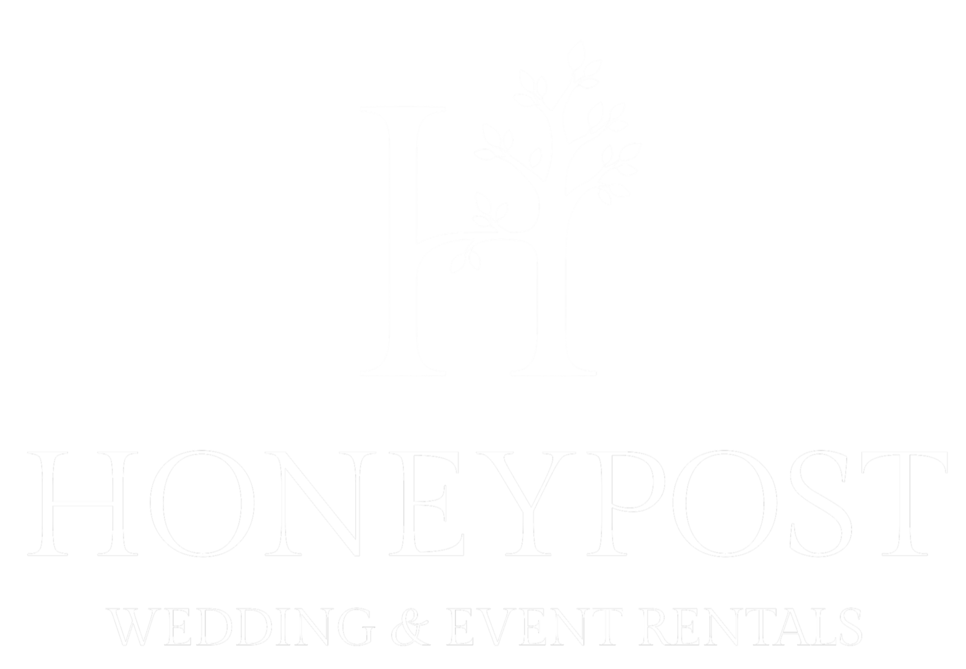 Logo for Honeyspot Wedding & Event Rentals featuring a large letter H with a stylized tree growing from it, and the text 'Honeyspot Wedding & Event Rentals'
