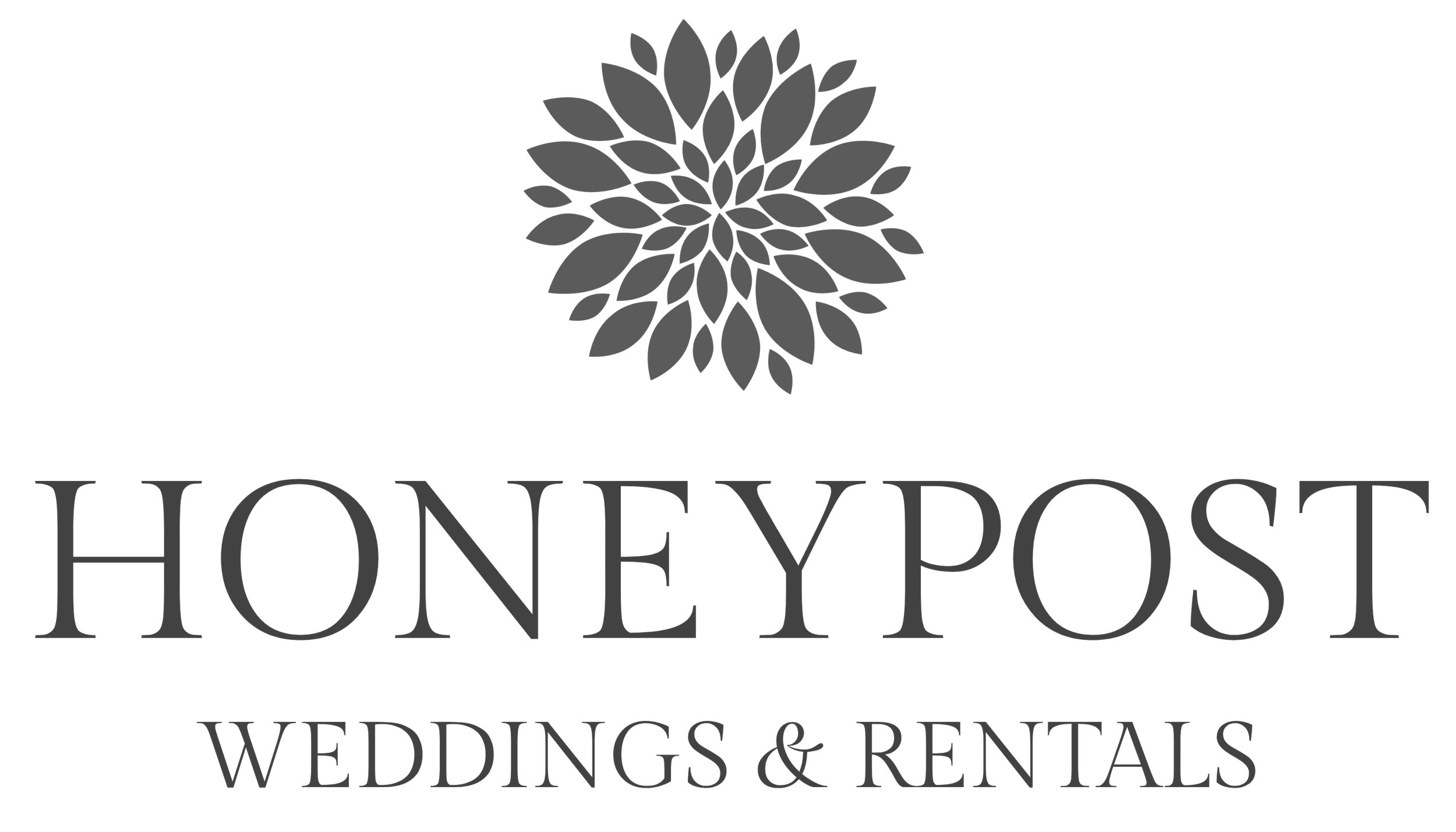 Elegant black wedding and event planning logo with the company name 'Honeypost' and the tagline 'Weddings & Rentals'