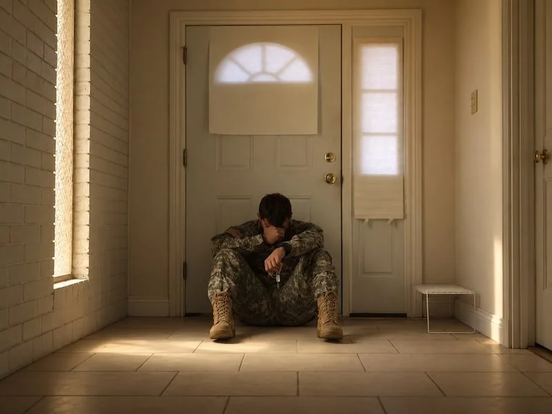 A man at home with a military uniform on sad on the floor
