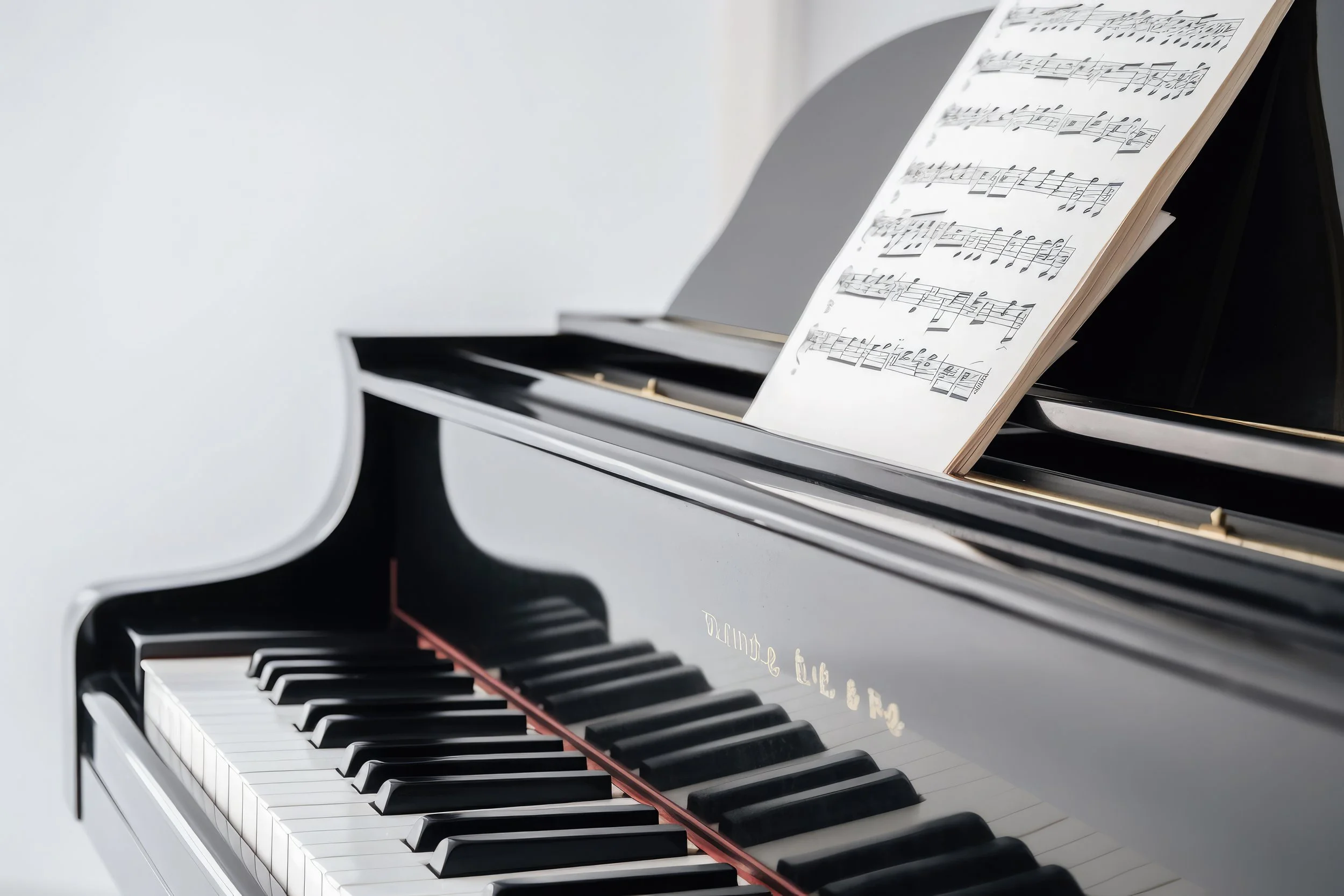 Black grand piano with sheet music on its music stand and keyboard keys visible in the foreground.