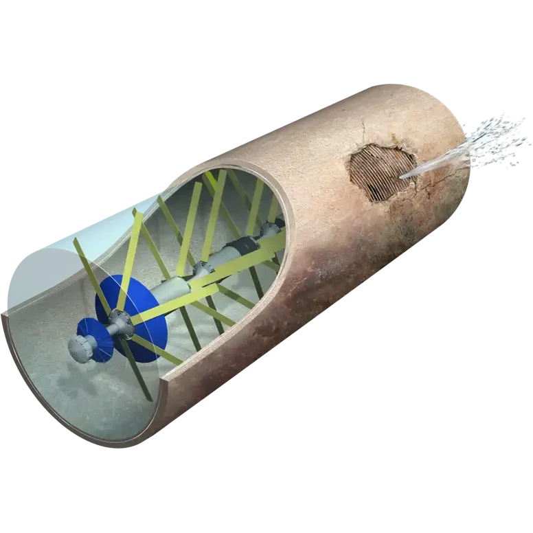 A cross-section illustration of a pipe filled with water, a blue ball inside, and water flowing out of the pipe.