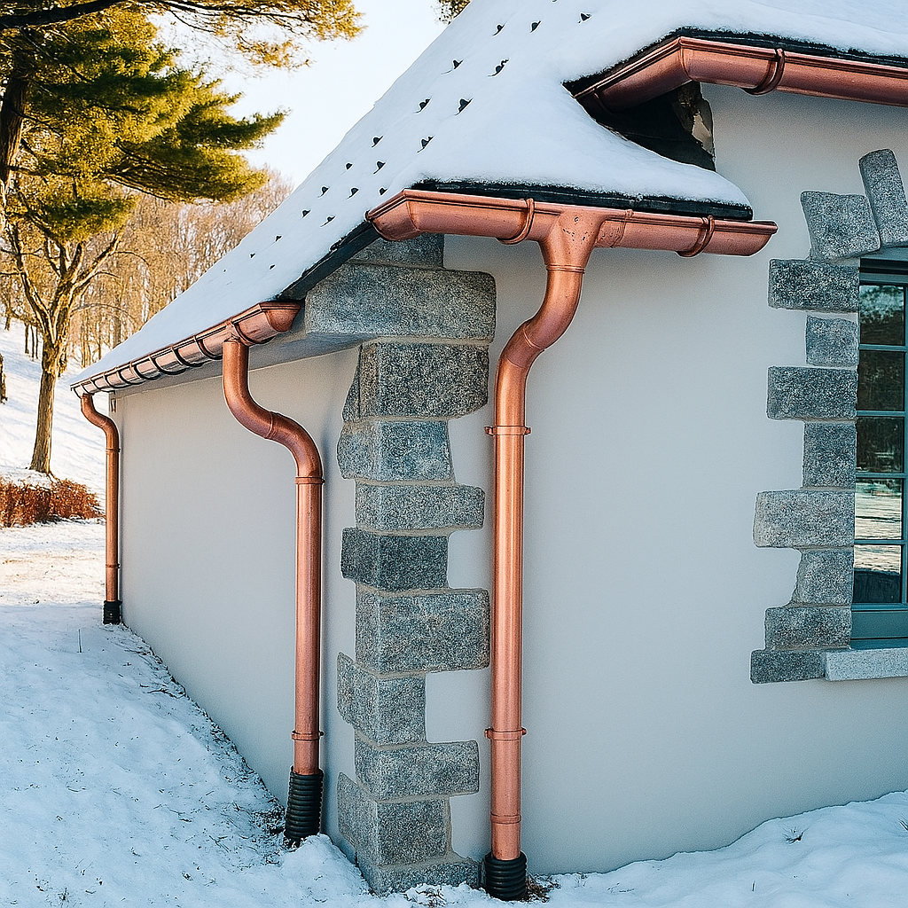 Copper guttering by Slate and Copper Services in Portsmouth, Rhode Island and Easton, Connecticut, serving Fairfield County, Providence, coastal RI, and South Coast, MA.