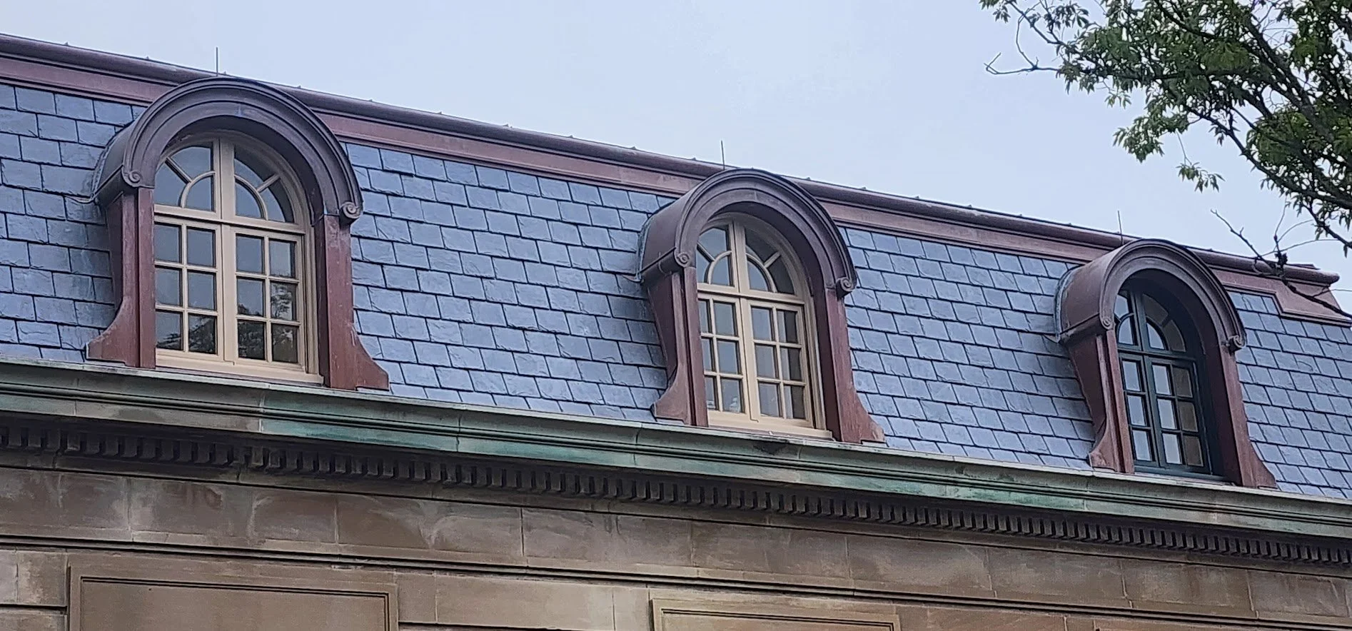 Slate roofing and copper dormers on home in Newport, Rhode Island by Slate & Copper Services, Portsmouth, RI, and Easton, Connecticut