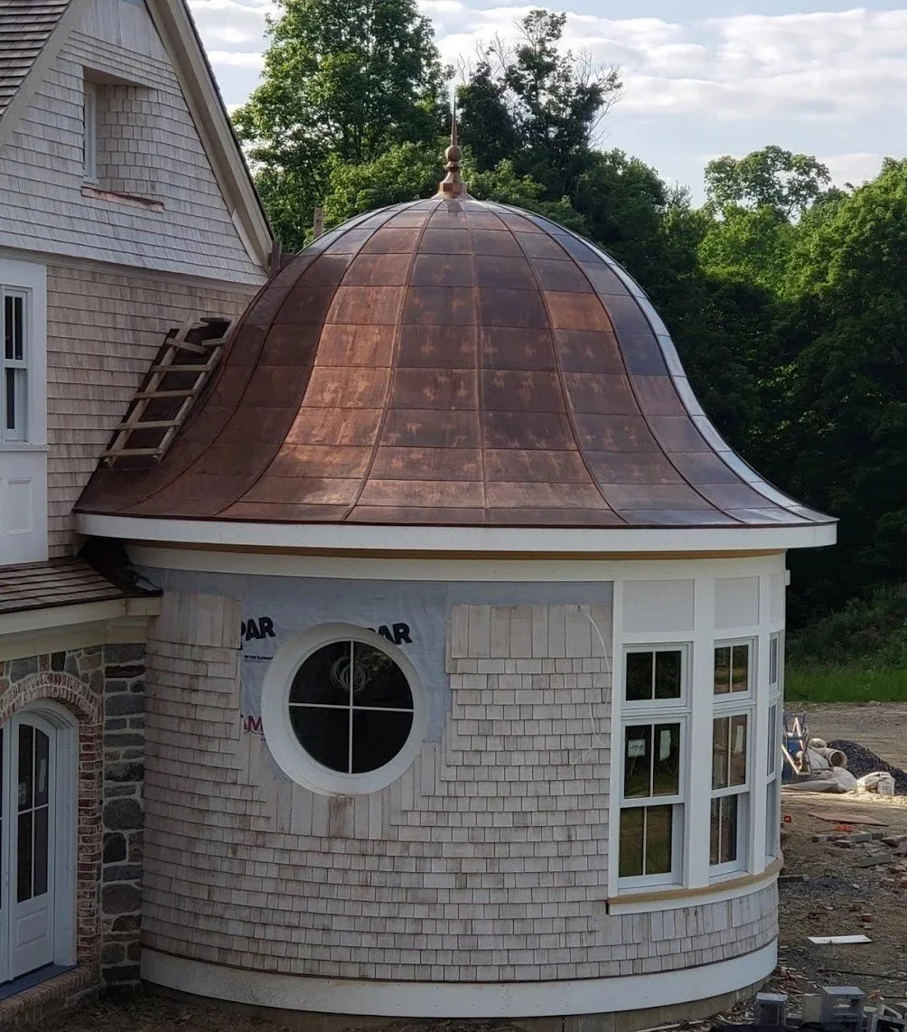 Metal roofing, copper dome, and copper guttering by Slate and Copper Services in Portsmouth, Rhode Island and Easton, Connecticut, serving Fairfield County, Providence, coastal RI, and South Coast, MA.