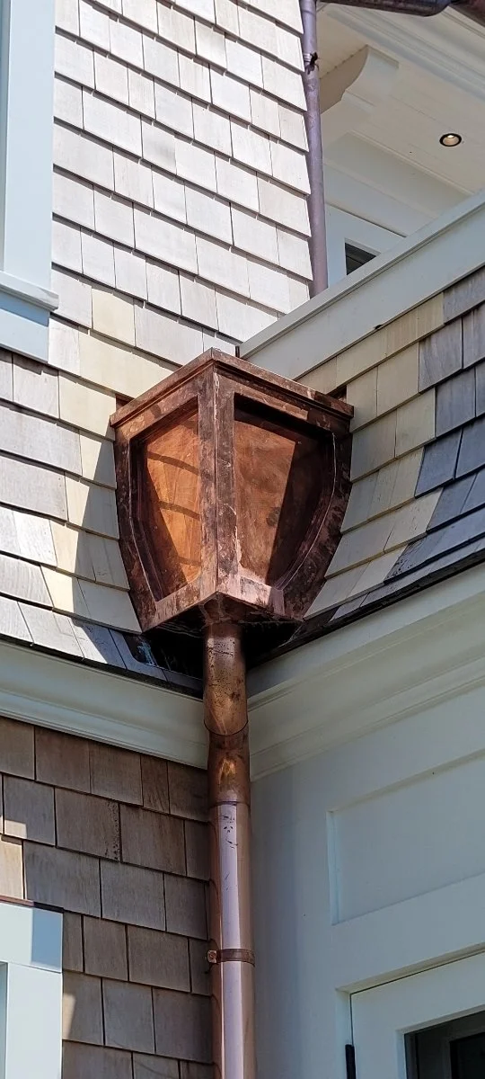 Copper guttering by Slate and Copper Services in Portsmouth, Rhode Island and Easton, Connecticut, serving Fairfield County, Providence, coastal RI, and South Coast, MA.