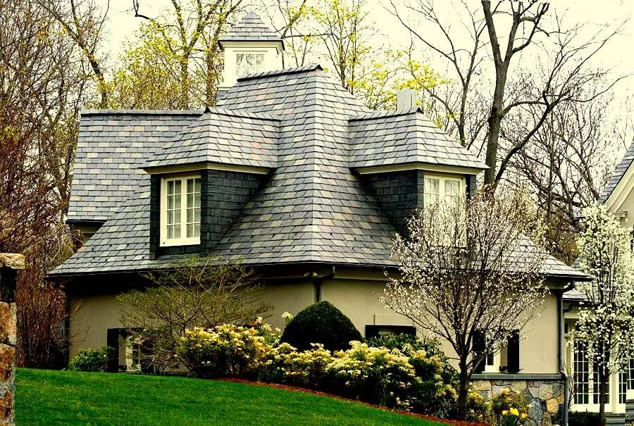 Slate roofing and copper gutters on home by Slate & Copper Services, Portsmouth, RI, and Easton, Connecticut