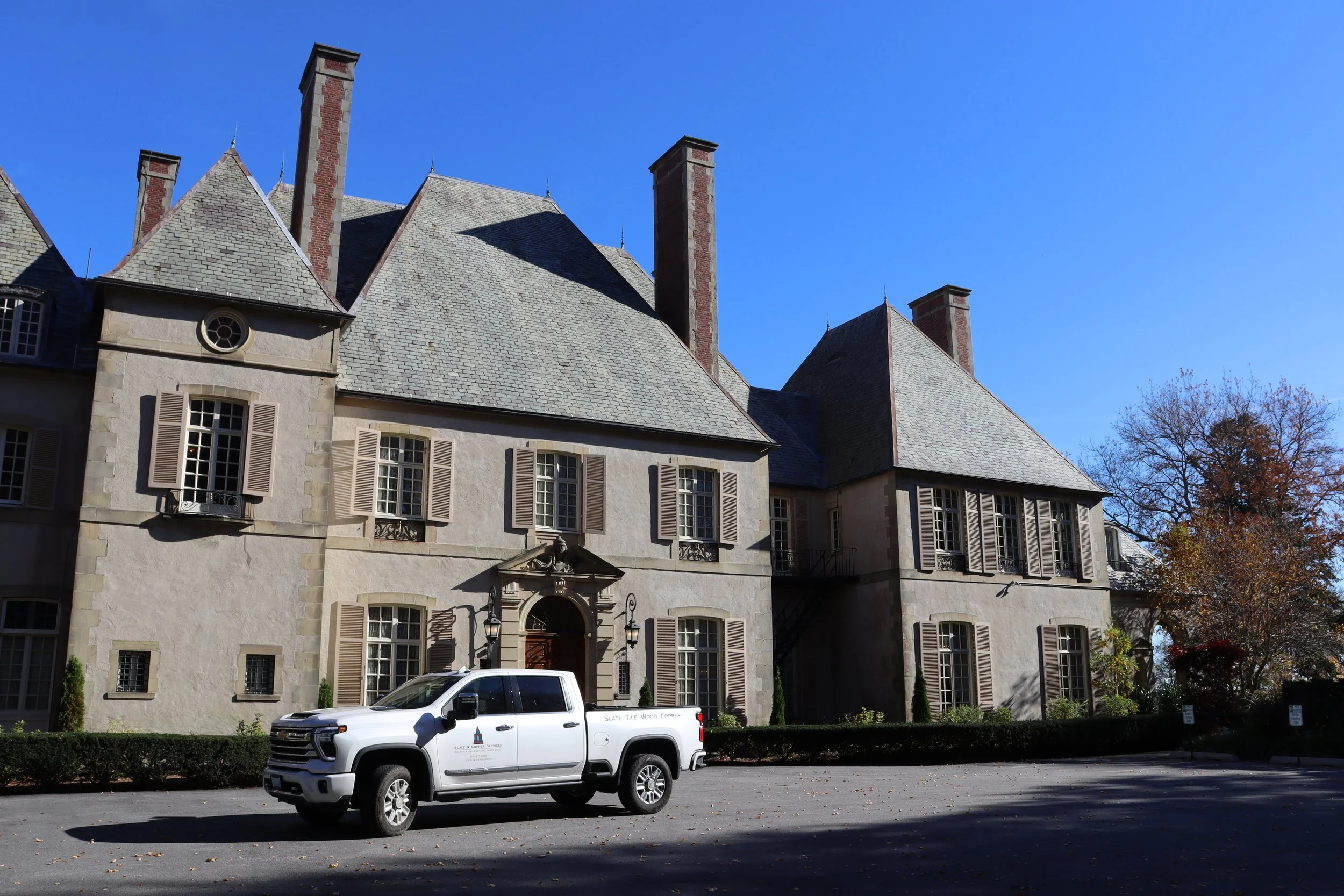 Historic restoration and preservation with slate roofing on Glen Manor in Portsmouth, RI, by Slate and Copper Services