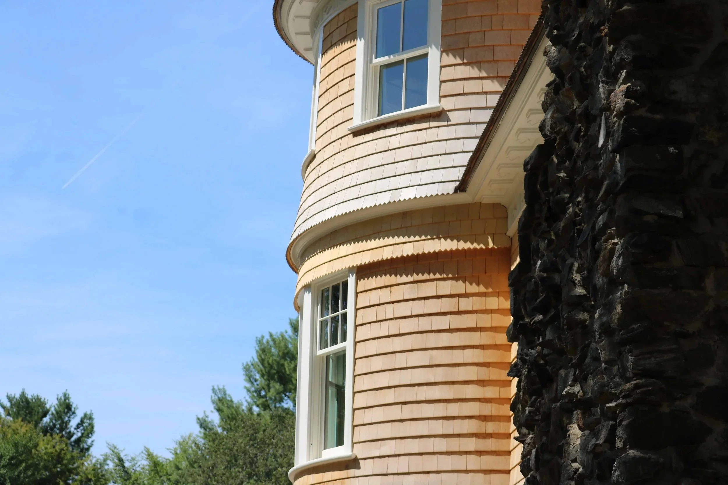 Wood siding, wood roofing Isaac Bell House, historic restoration, Newport, by Slate & Copper Services, Portsmouth, RI.