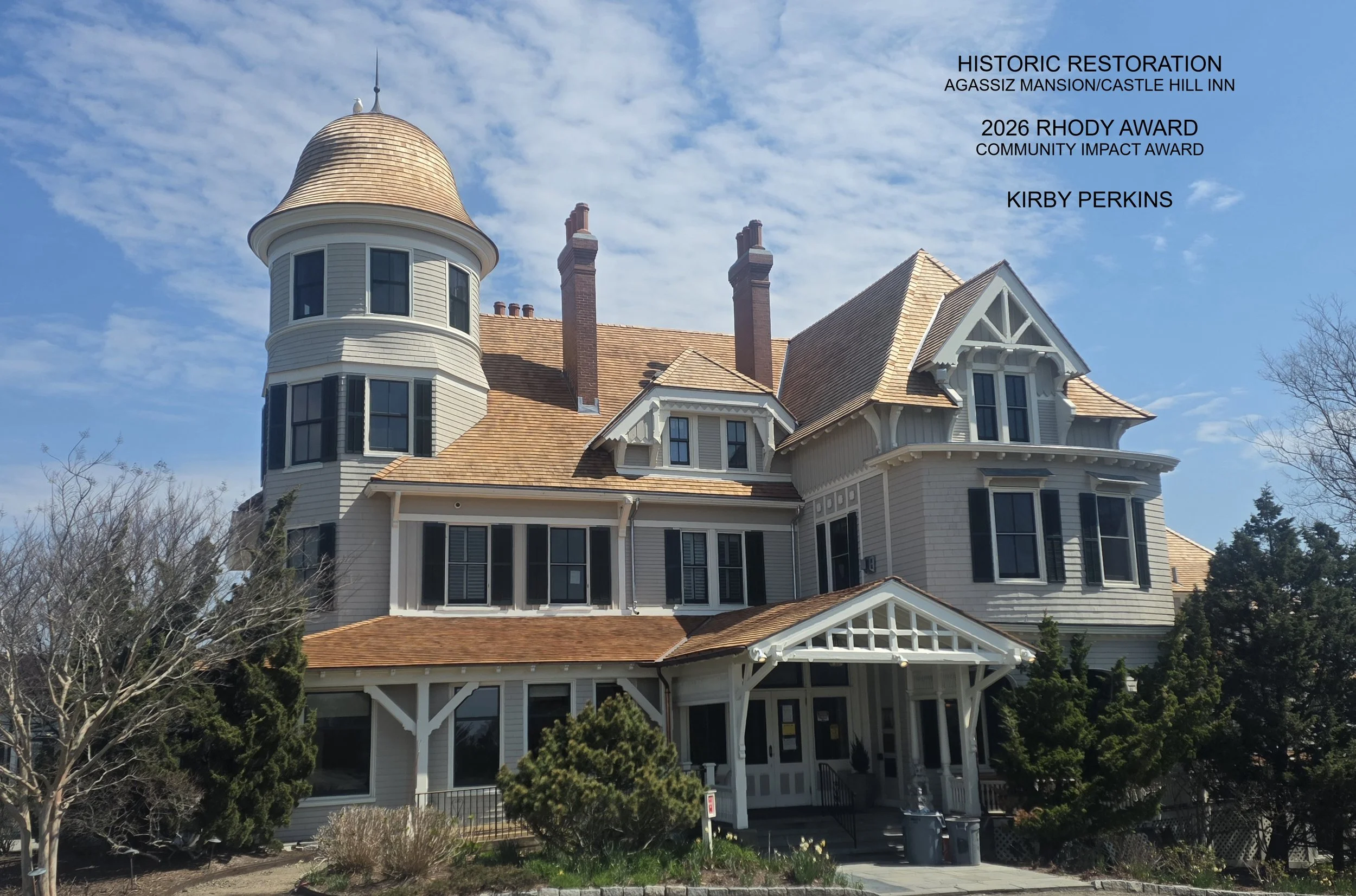 Castle Hill Inn, an historic mansion, in Newport, Rhode Island, on which Slate & Copper Services performed a cedar wood roof restoration and copper gutters and downspout repairs, following a fire in February, 2026.