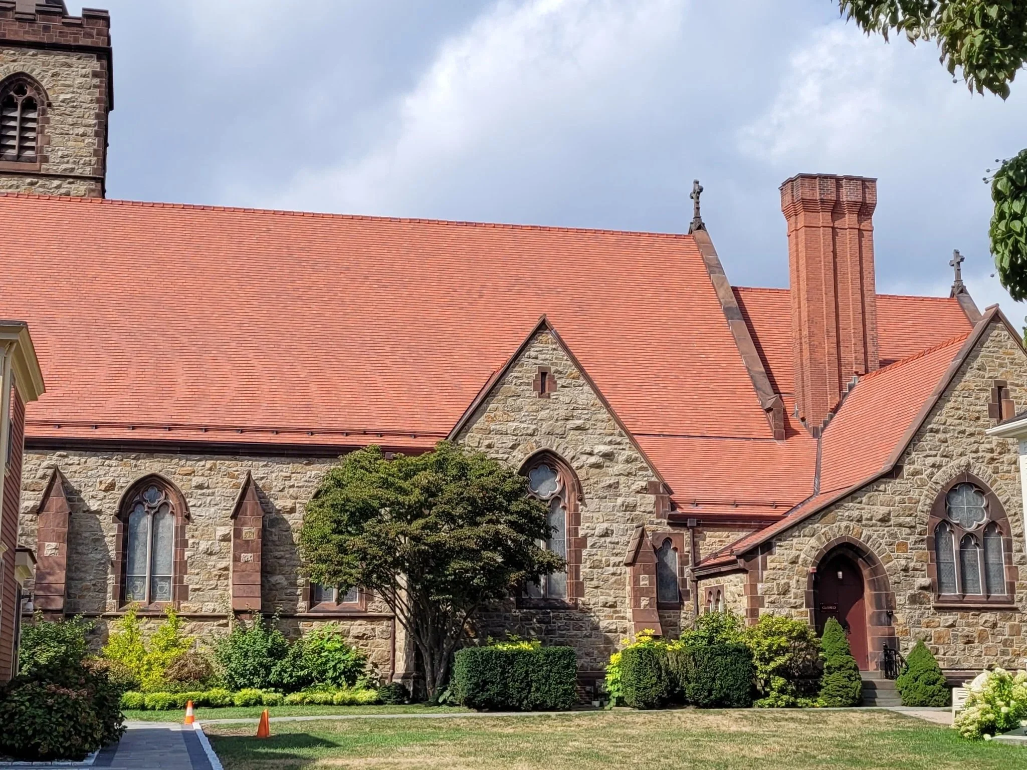 Ludowici terra cotta tile roofing and copper gutters on a church by Slate & Copper Services, Portsmouth, Rhode Island, and Easton, Connecticut