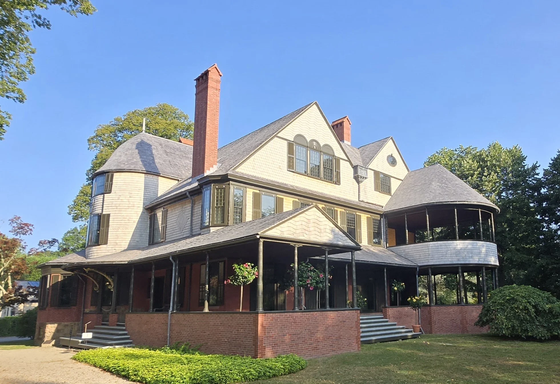 Historic preservation/restoration at the Isaac Bell house, featuring wood siding and wood roofing in Newport, RI, by Slate and Copper Services