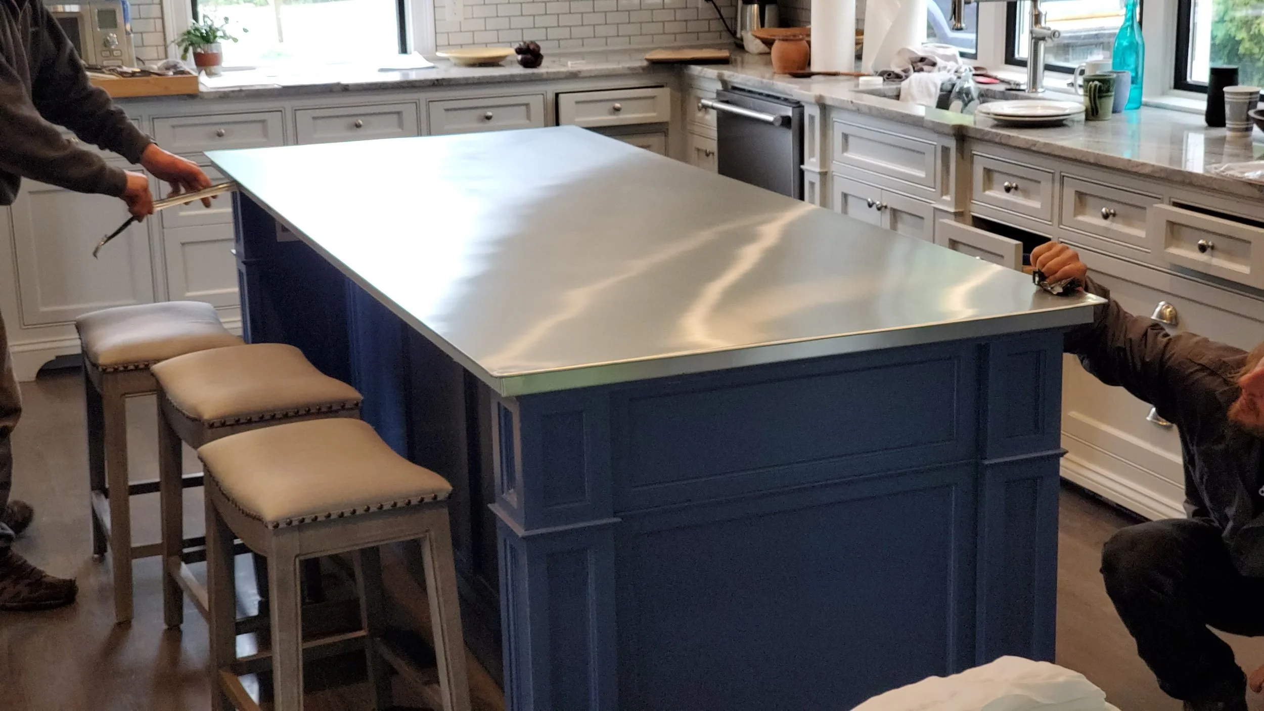 Metal counter / kitchen island by Slate and Copper Services in Portsmouth, Rhode Island and Easton, Connecticut, serving Fairfield County, Providence, coastal RI, and South Coast, MA.