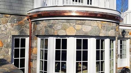 Copper guttering by Slate and Copper Services in Portsmouth, Rhode Island and Easton, Connecticut, serving Fairfield County, Providence, coastal RI, and South Coast, MA.