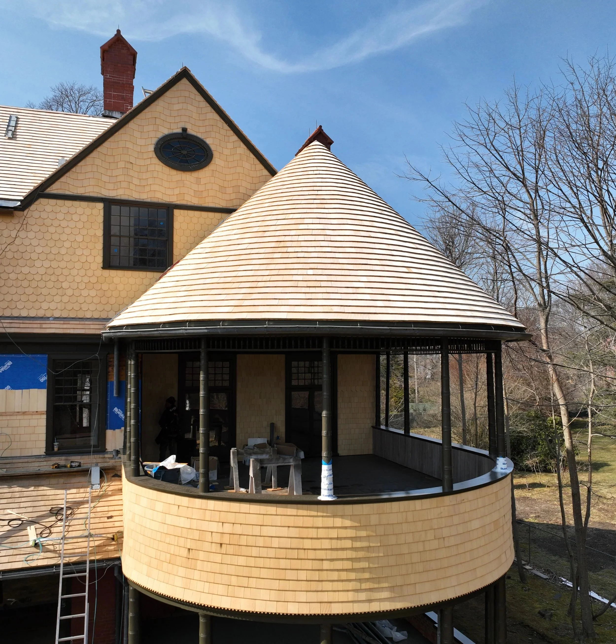Wood roofing and siding restoration, and copper gutters on historic home in Newport, Rhode Island by Slate & Copper Services, Portsmouth, RI, and Easton, Connecticut