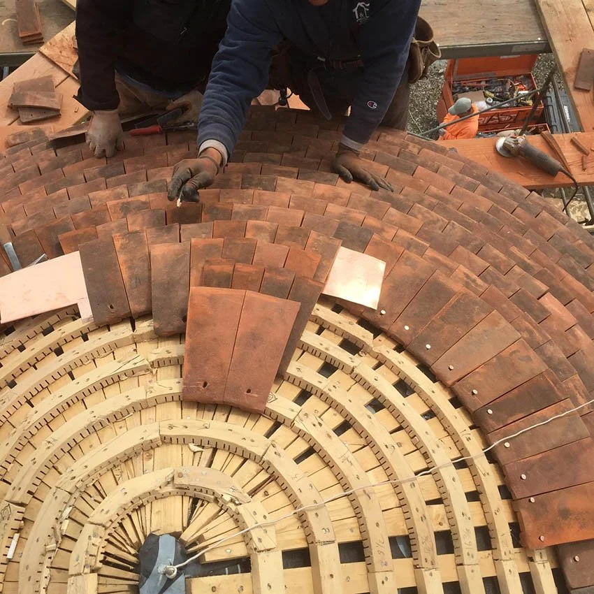 Ludowici Tile roofing on a dome under construction by Slate & Copper Services, Portsmouth, Rhode Island, and Easton, Connecticut