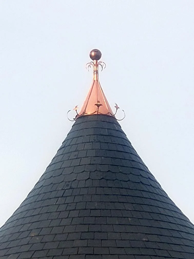 Custom copper finial by Slate and Copper Services in Portsmouth, Rhode Island and Easton, Connecticut, serving Fairfield County, Providence, coastal RI, and South Coast, MA.