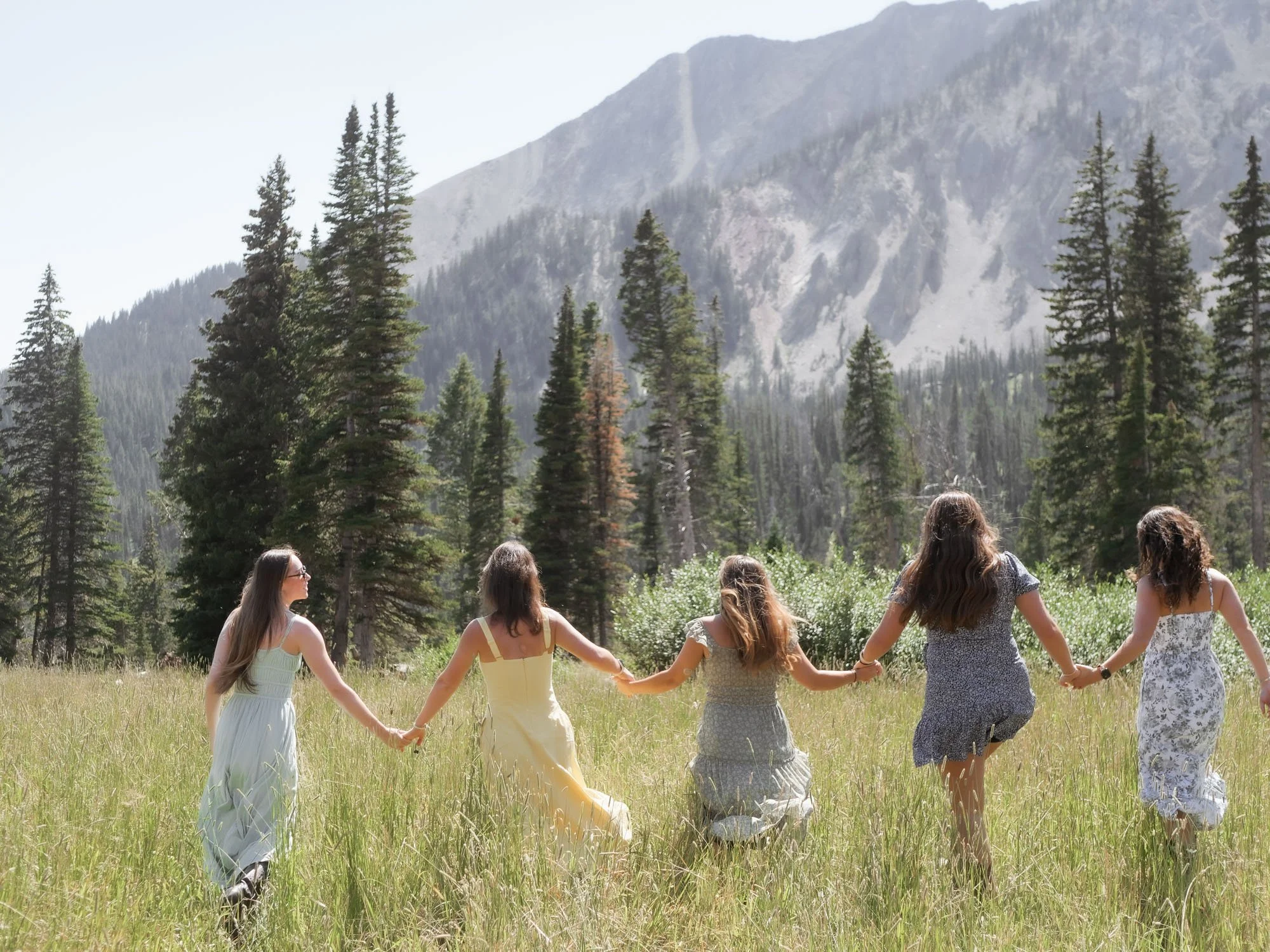 Five women holding hands, walking through a grassy meadow with tall trees and mountains in the background.