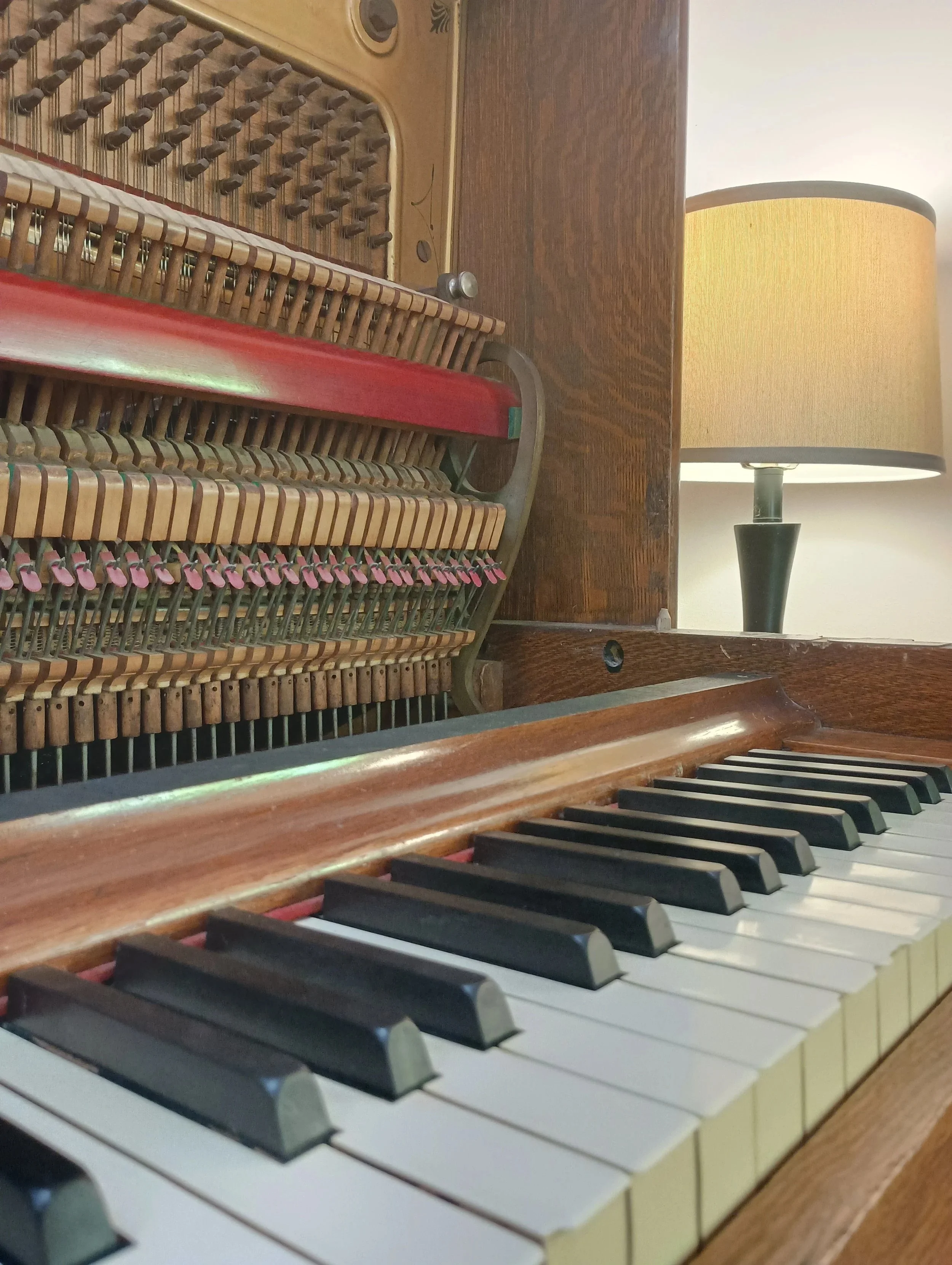 Close-up of an open upright piano, showing strings and the mechanism, next to a table lamp with a lampshade.
