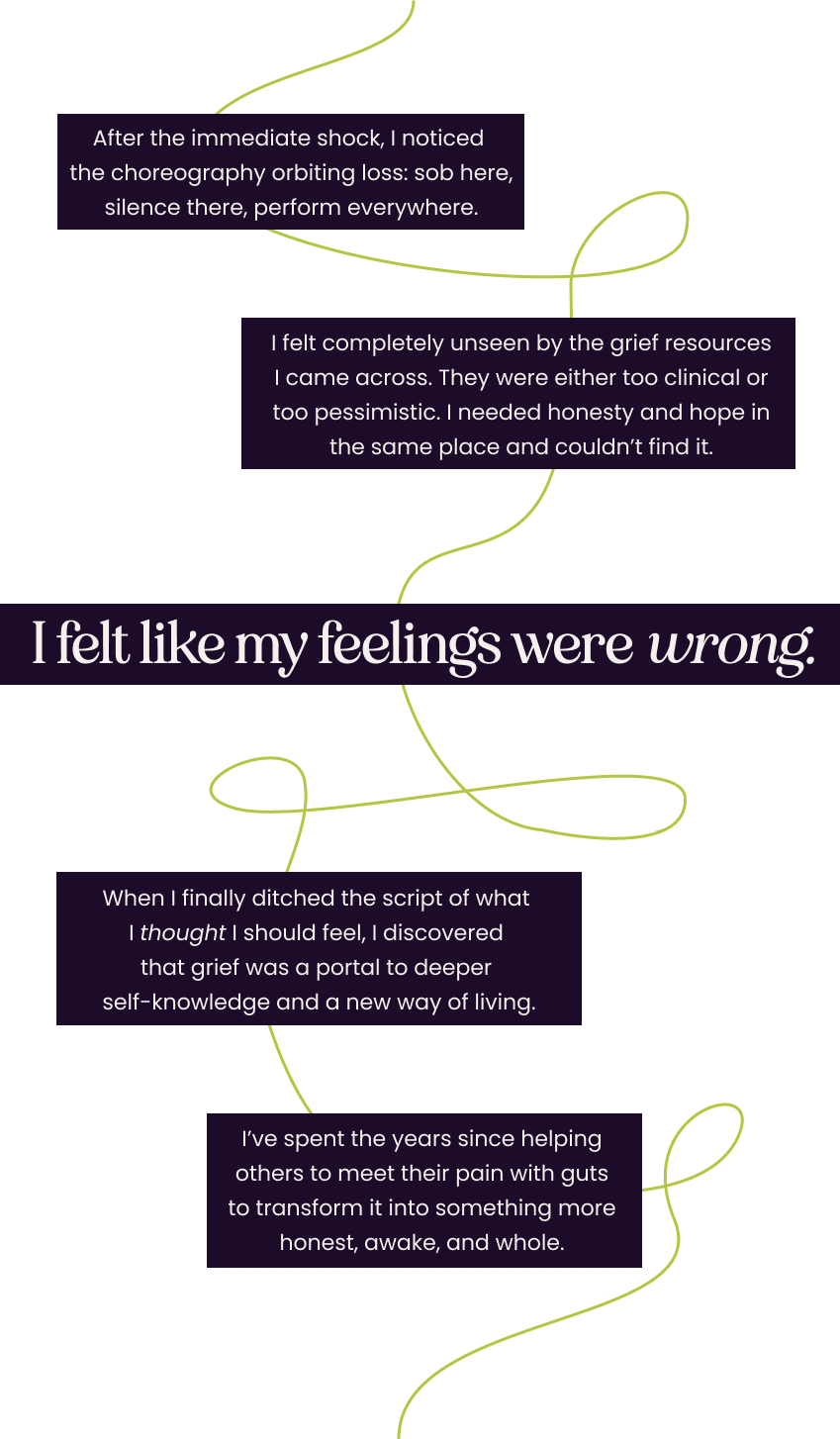 A visual quote with purple background and green lines, discussing grief, self-knowledge, and personal growth.