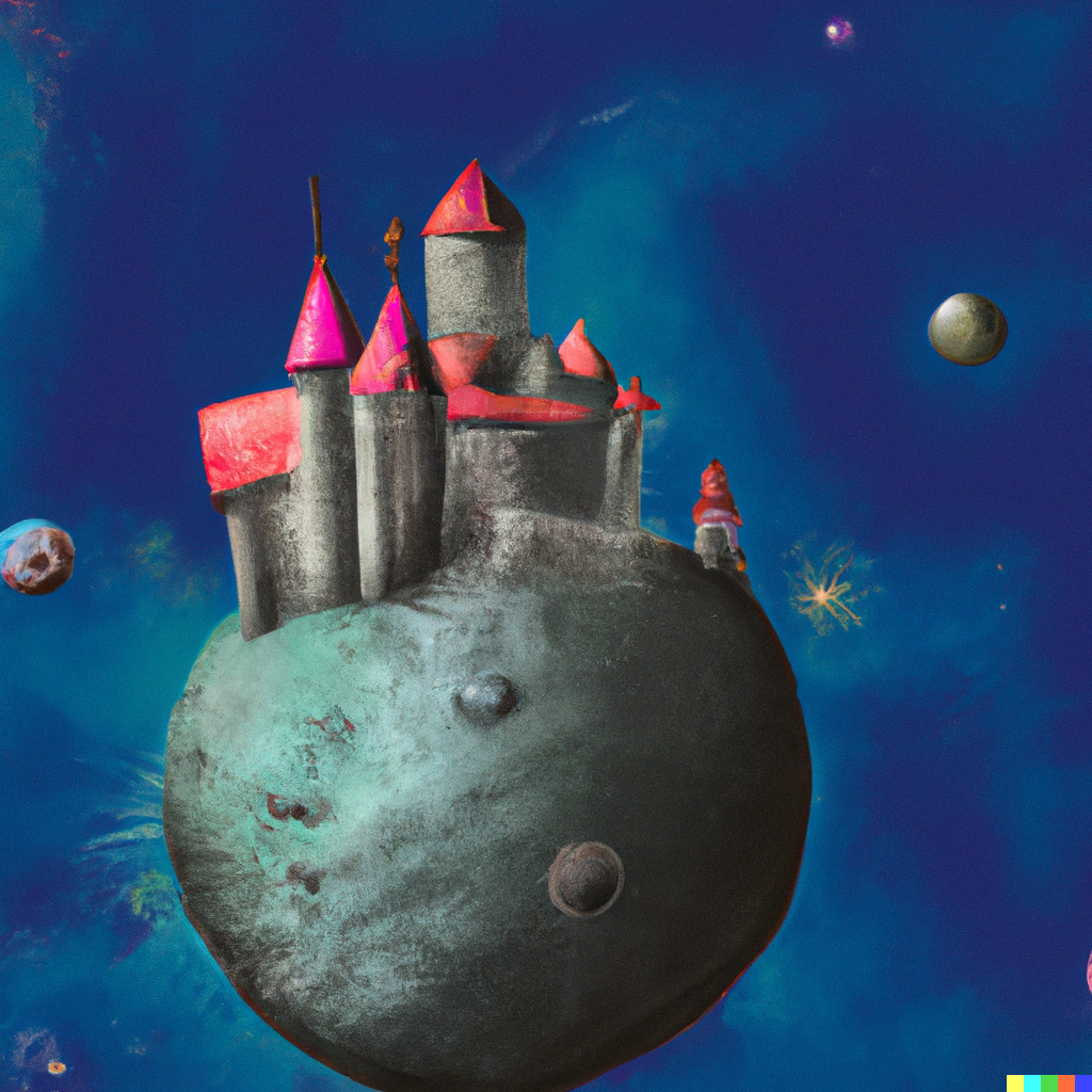 A surreal scene of a castle on a small planet or asteroid with a space background featuring colorful planets and stars.