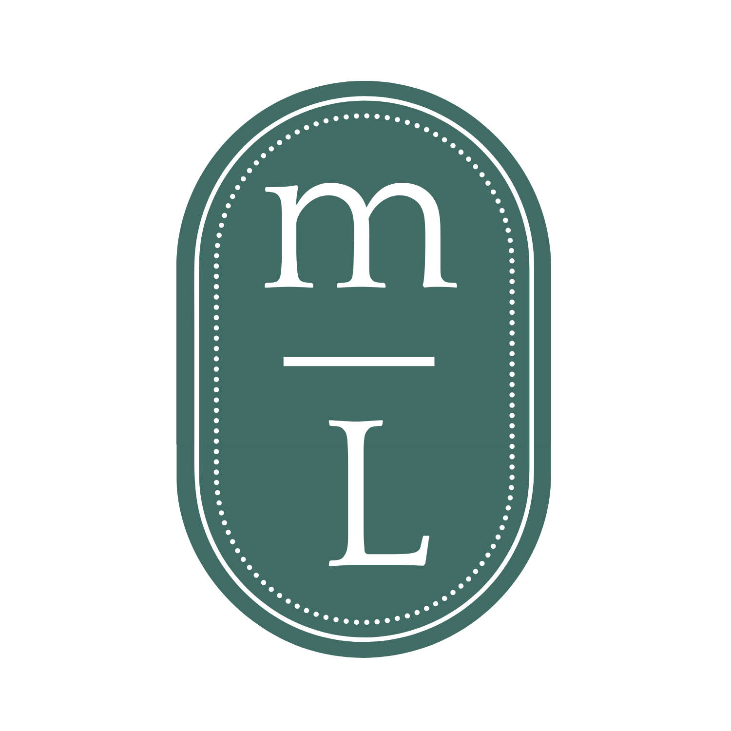 Graphic design with the letters 'm' and 'L' separated by a minus sign inside an oval shape.