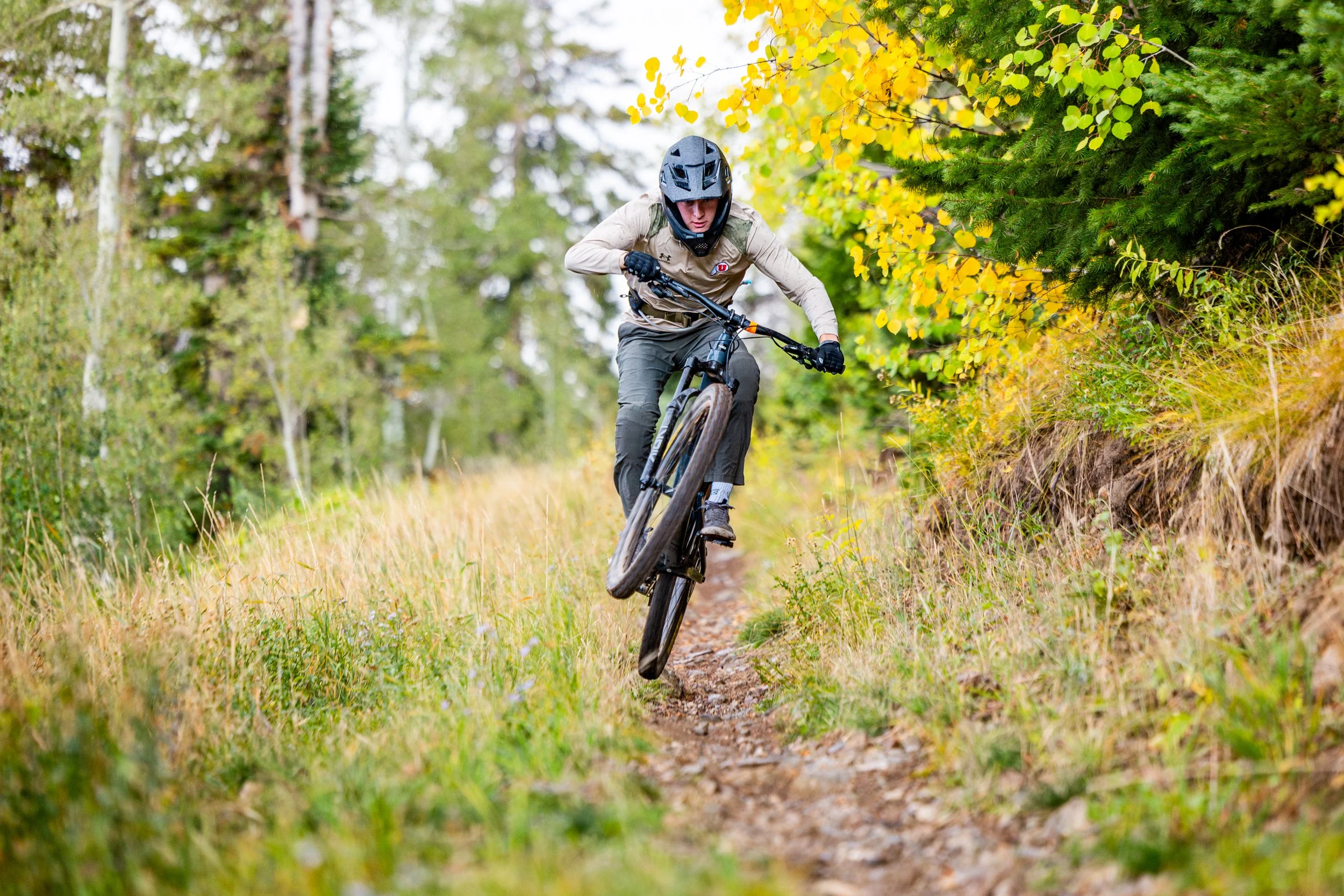 Mountain biker wearing a helmet and gloves riding on a narrow dirt trail surrounded by green and yellow foliage.