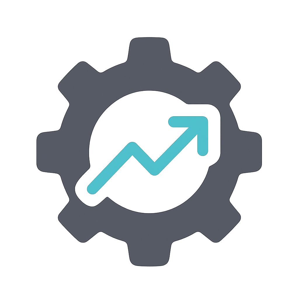 Gear symbol with an upward trending arrow inside it, representing growth or progress.