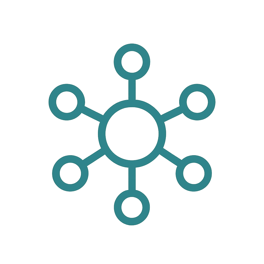 A dark background with a teal abstract icon resembling a network or molecular structure with a large circle in the center and seven smaller circles connected to it.