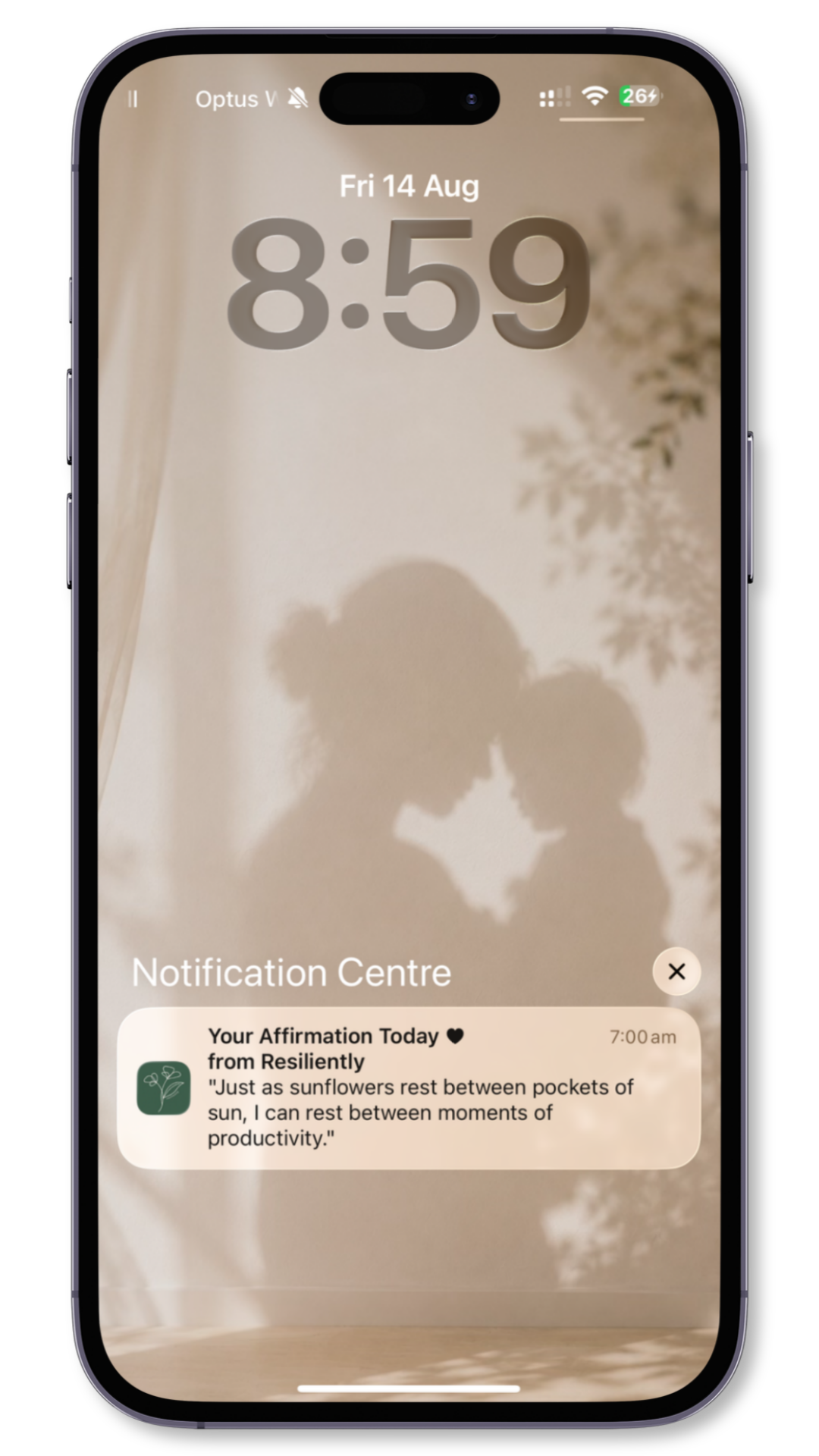 An iPhone displaying a daily affirmation from the Resiliently app, designed to offer mothers a simple moment of encouragement and calm throughout the day.