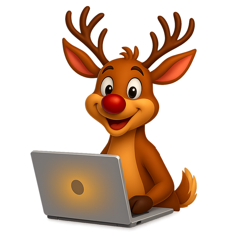 Animated reindeer with large antlers and red nose using a laptop