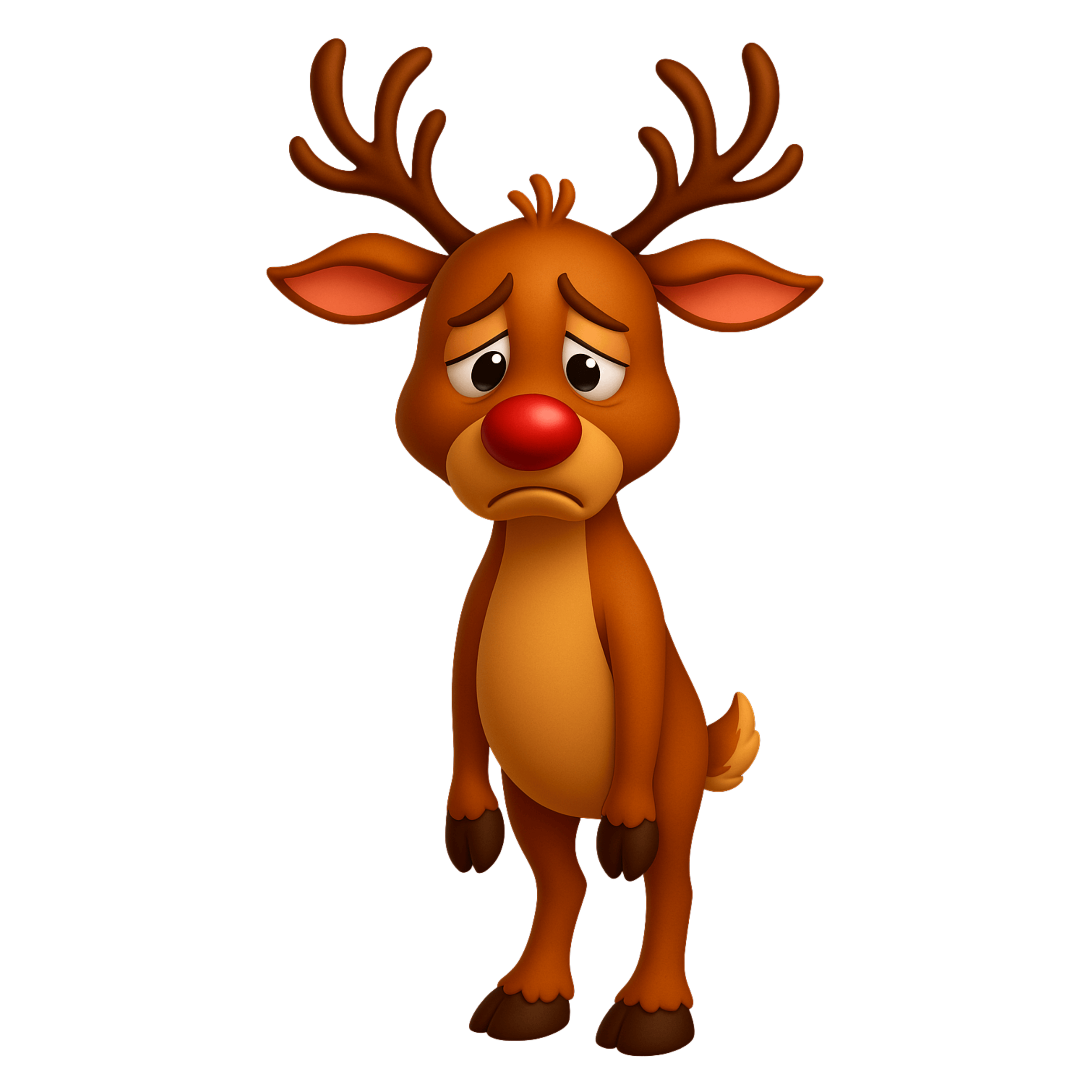Animated reindeer with sad facial expression, large red nose, and antlers.