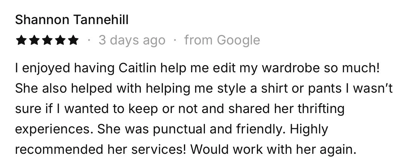Online review for Shannon Tannehill praising Caitlin's wardrobe styling services, describing her as punctual, friendly, and highly recommended.