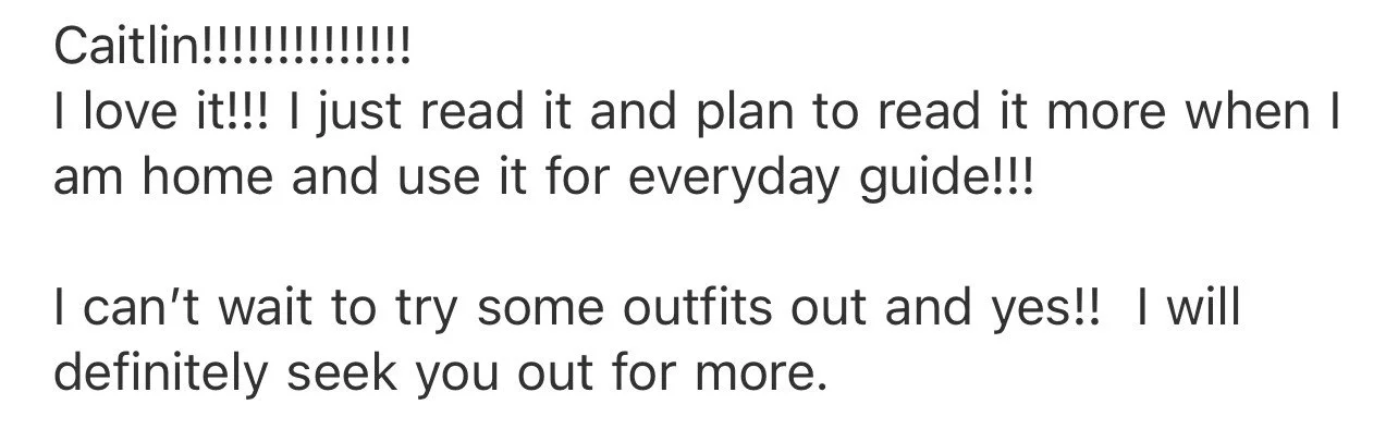 Screenshot of a positive online review expressing love for a product, mentioning plans to read more about it and try outfits.