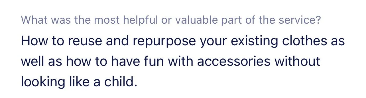 Text on a screen discussing the most helpful part of a service, focusing on reusing, repurposing clothes, and enjoying accessories with style.