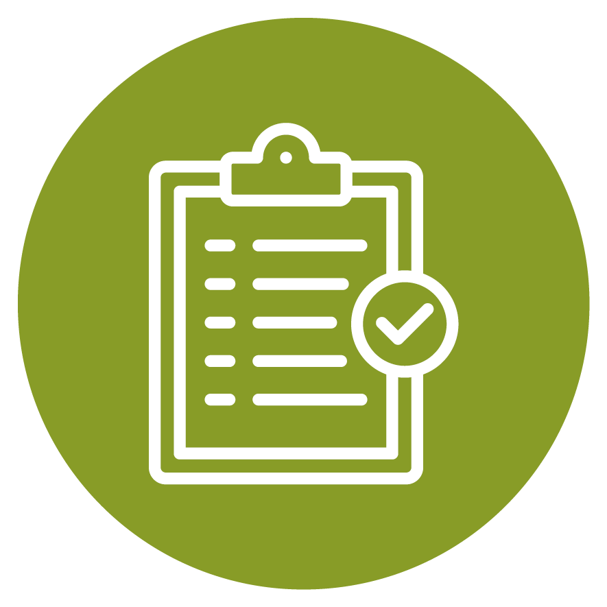 A white outline of a clipboard with a checklist and a circular checkmark icon on a green circular background.