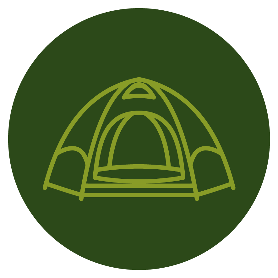 Line drawing of a camping tent on a dark green circular background.