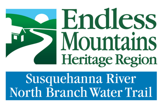 Logo for Endless Mountains Heritage Region featuring a green landscape with a winding road, a house, and a river with text indicating Susquehanna River North Branch Water Trail.