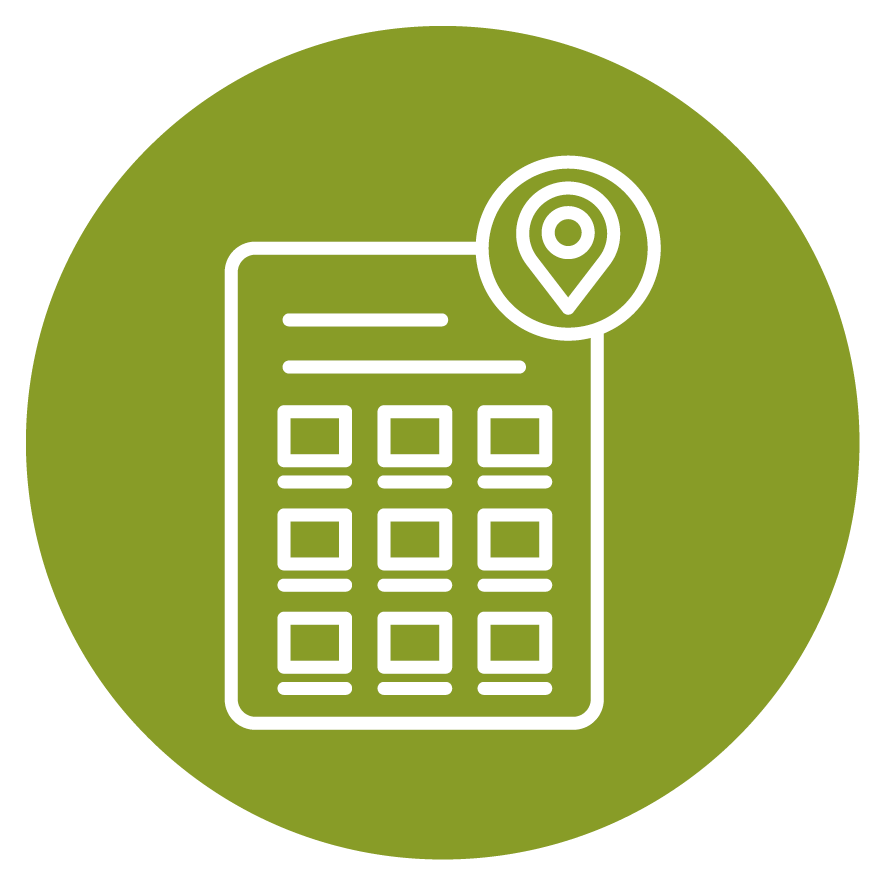 Icon of a calendar with a location pin on top, set against a green circular background.
