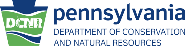 Logo of Pennsylvania Department of Conservation and Natural Resources featuring a shield with trees, water, and mountains.