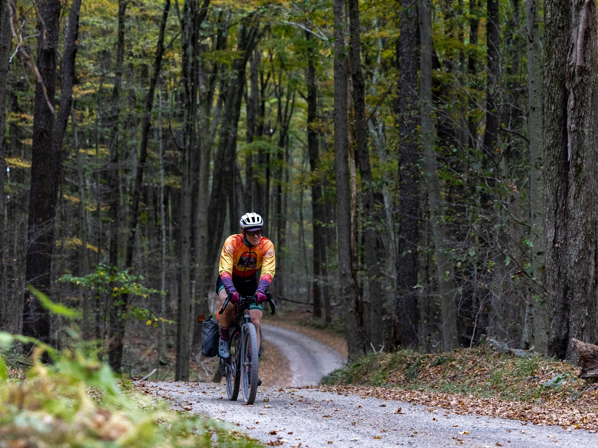 A person riding a mountain bike on a trail through a forest with tall trees and fall foliage.