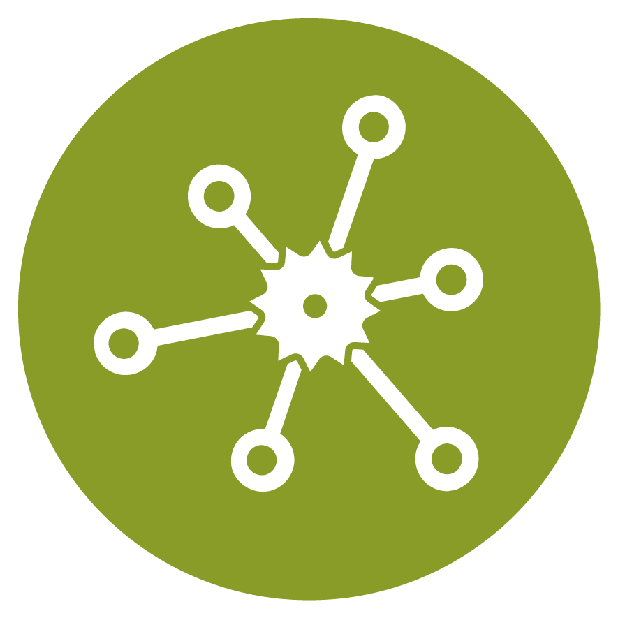 Icon of a network or connections with a central gear and six surrounding nodes in a green circle.