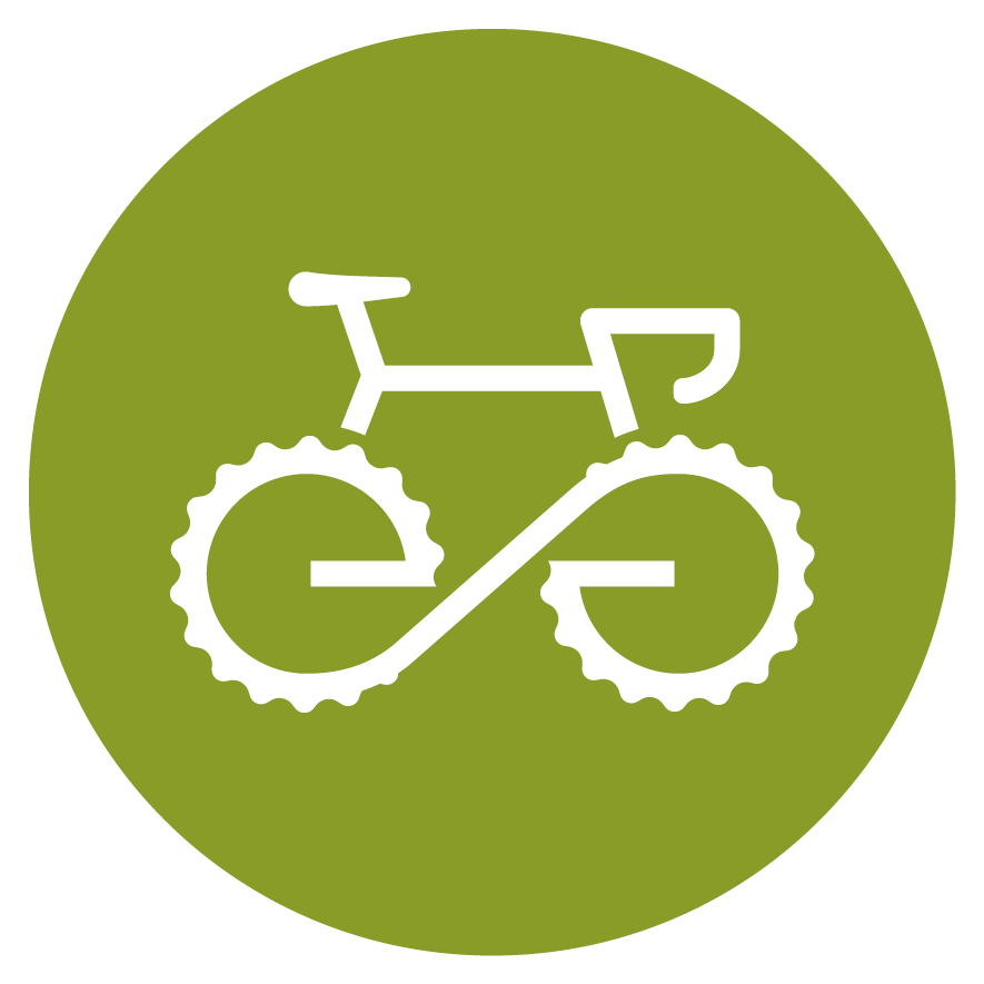 A graphic logo depicting a bicycle with gears and a chain, designed with simplified white lines on a green circular background.